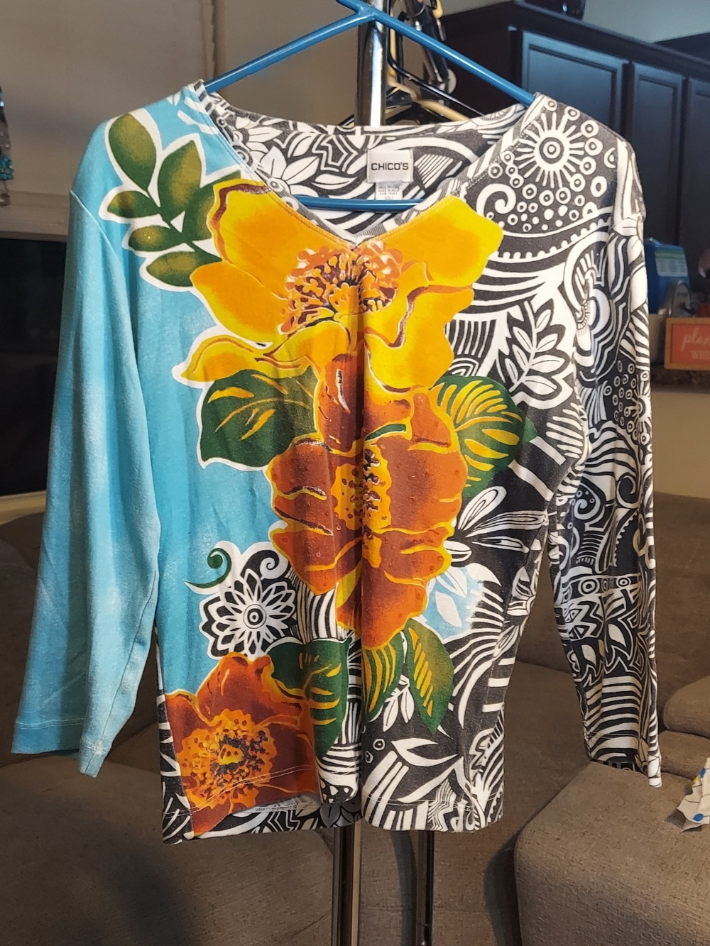 Chico's Black & White Graphic Print Top with Blue Accent